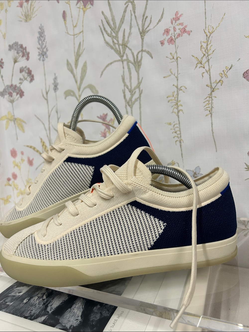 Rothy's Cream and Navy Knit Low-Top Lace up sneakers